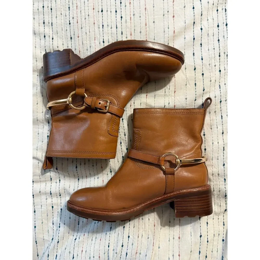 COACH Gillian Moto Ankle Boot Brown Leather Gold Buckle Size 7.5 Women’s